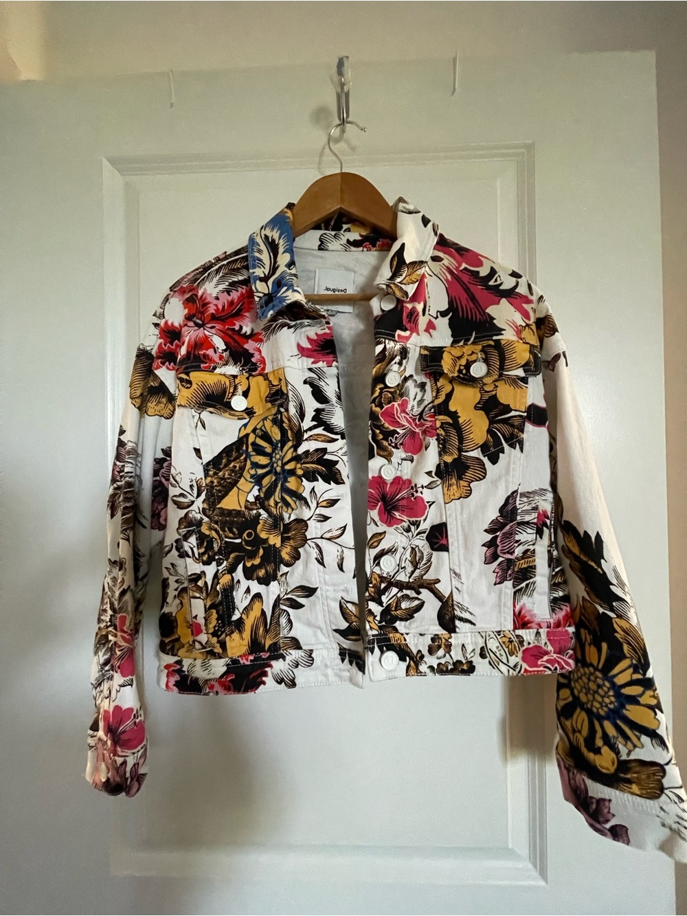 Desigual White Floral Cropped Jean Jacket with Pink & Gold Accents